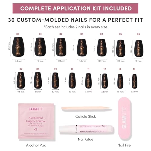 Glamnetic Press On Nails - Rosy Remains | Charcoal Gray 3D Skeleton Medium Coffin Fake Nails with Matte Finish, Salon Quality Halloween Nails | 15 Sizes - 30 Nail Kit with Glue