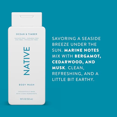 Native Body Wash Contains Naturally Derived Ingredients | For Women & Men, Sulfate, Paraben, & Dye Free Leaving Skin Soft and Hydrating | Ocean & Timber 18 oz - 2 Pk
