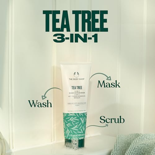 The Body Shop Tea Tree 3 in 1 Wash Scrub & Mask – Purifying Vegan Skincare For Oily, Blemished Skin – 4.2 oz
