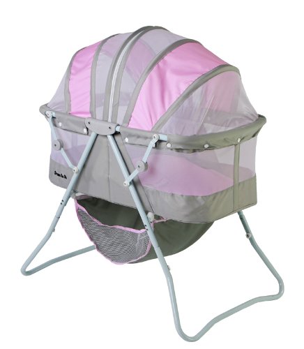 Dream On Me Karley Baby Bassinet in Grey and Pink, Lightweight Portable, Quick Fold and Easy to Carry , Adjustable Double Canopy, Indoor and Outdoor with Large Storage Basket.