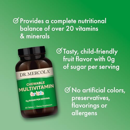 Dr. Mercola Chewable Multivitamin for Kids, 30 Servings (60 Tablets), 0g Sugar Per Serving, Natural Orange Flavor, Dietary Supplement, Supports Overall Health, Non-GMO