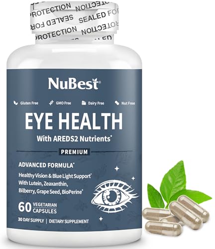 NuBest AREDS 2 Eye Vitamins Eye Health with Beta Carotene Carrot Powder, 20mg Lutein, 4mg Zeaxanthin, Bilberry, Grape Seed, BioPerine, B-Complex, Multivitamin for Eye Health - 60 Vegan Capsules