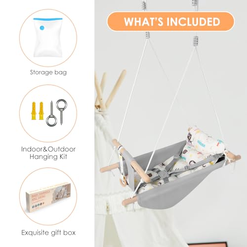 Canvas Baby Swing for Infants to Toddlers,Indoor Outdoor Wooden Hanging Swing Seat with Safety Belt and Mounting Hardware, Suitable for Ages Up to 3,Cute Animal