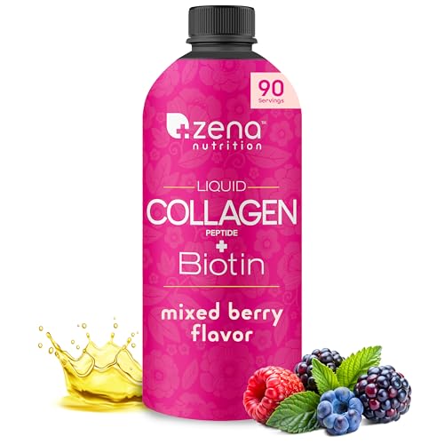 Zena Liquid Collagen Peptides for Women & Men + Biotin 5000mcg | Hydrolyzed Multi Verisol Collagen Peptides 2500mg | Sugar & Gluten Free Hair, Skin, Nail Supplement | Berry | 90 Servings, 30 FL Oz