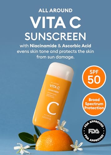 MISSHA All Around Vita C Sunscreen SPF 50/2.36 Fl Oz - Korean Sunscreen for face with Vitamin C for Even Tone, Lightweight, Non-Sticky, Sebum Control