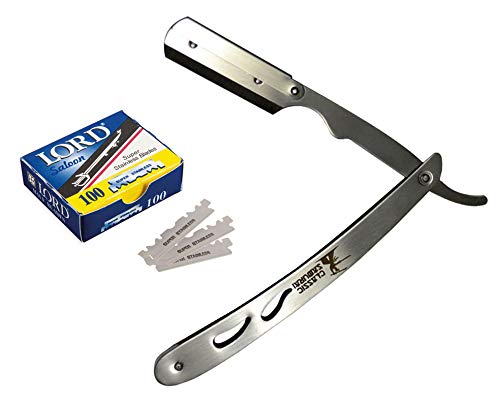 Classic Samurai CS-102 Stainless Steel Professional Barber Straight Edge Razor with 100 Lord Single Edge Razor Blades (Silver Metal)