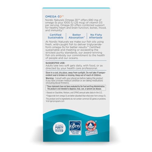 Nordic Naturals Omega-3D, Lemon Flavor - 120 Soft Gels - 690 mg Omega-3 + 1000 IU Vitamin D3 - Fish Oil - EPA & DHA - Immune Support, Brain & Heart Health, Healthy Bones - Non-GMO - 60 Servings