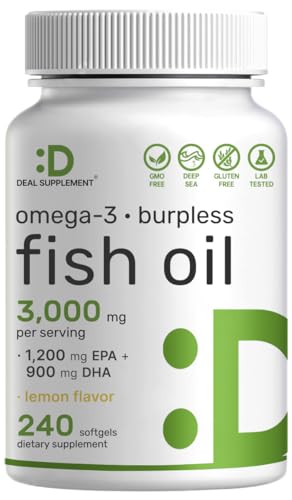 DEAL SUPPLEMENT Omega 3 Fish Oil Supplements, 3,000mg Per Serving, 240 Softgels – EPA 1,200mg + DHA 900mg – Burpless Pills, Lemon Flavored, Wild Caught – Brain & Heart Support – Mercury Free, Non-GMO