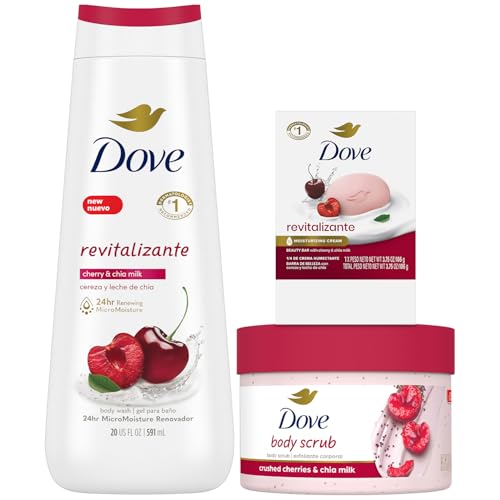 Dove Revitalizing Cherry Collection Gift Set – Cherry & Chia Milk Body Wash, Exfoliating Body Polish + Soap Bar (3 Piece Set)