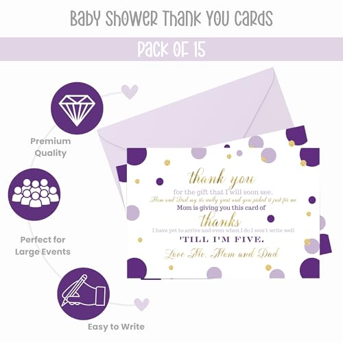 15 Purple and Gold Thank You Cards with Lilac Envelopes -Stationery for Girls Baby Shower Dazzling Abstract Dot