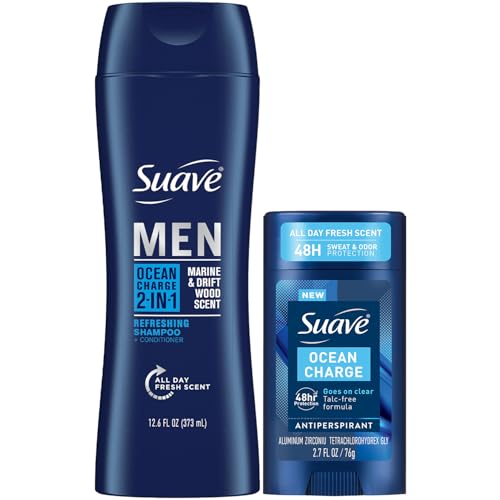 Suave Men’s 2-in-1 Shampoo and Conditioner, Ocean Charge + Antiperspirant Deodorant for Men, Ocean Charge, 48H Sweat & Odor Protection (2 Piece Set)
