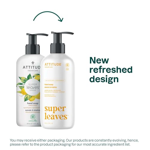 ATTITUDE Liquid Hand Soap, EWG Verified, Plant and Mineral-Based, Vegan Personal Care Products, Lemon Leaves, 16 Fl Oz