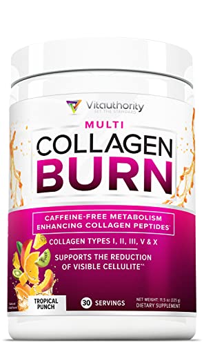 Hydrolyzed Collagen Peptides Powder for Women - Slimming MultiCollagen Burn Ultimate Beauty Complex with Hyaluronic Acid Vitamin C & Types I II III V and X for Women Tropical Punch 30 Servings