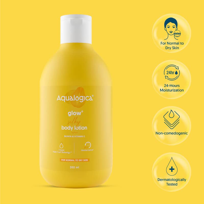 Aqualogica Glow+ Silky Body Lotion for Normal to Dry Skin | Gives 24-Hour Glowing Moisturization with Papaya & Vitamin C | Lightweight Formula | 10.14 Fl Oz/300ml