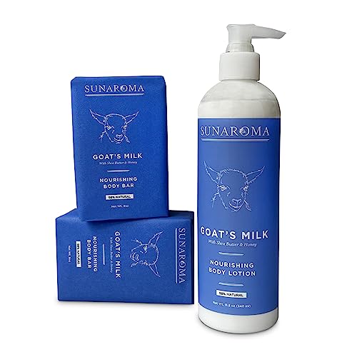 Sunaroma Goat Milk Bath & Body Set - Goat Milk Soap and Lotion - Includes 2 Sunaroma Natural Soap Bars (8 oz each) and 1 Goat Milk Lotion (11.5 oz) - Made with Organic Ingredients