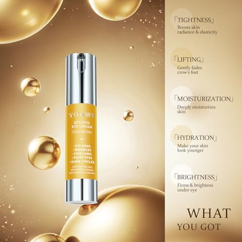 YOYORY Retinol Under Eye Cream - Eye Cream for Dark Circles and Puffiness, Eye Bags, Wrinkles Fine Lines Skin Care Treatment Hydrates & Lifts Gold(0.67 Fl Oz)