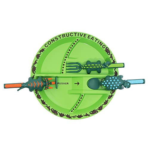 Constructive Eating Plate and Utensils Set - USA-Made Toddler Dinnerware with Divided Plates (Dinosaur)