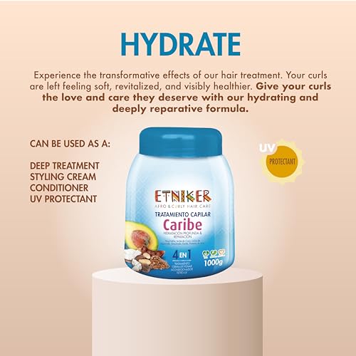 ETNIKER CARIBE Hair Treatment for Afro, Curly & Wavy Hair | 4-in-1 Deep Conditioner, Styling Cream, UV Protection & Repair Mask | with Paradise Nut, Coconut, Avocado, Tamarind & Flaxseed | 33 oz