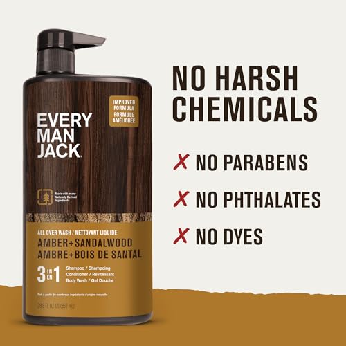 Every Man Jack Amber + Sandalwood Hydrating Mens 3-in-1 All Over Wash for All Skin and Hair Types - Body Wash, Shampoo and Conditioner with Naturally Derived Ingredients - 28.8oz (2 Pack)