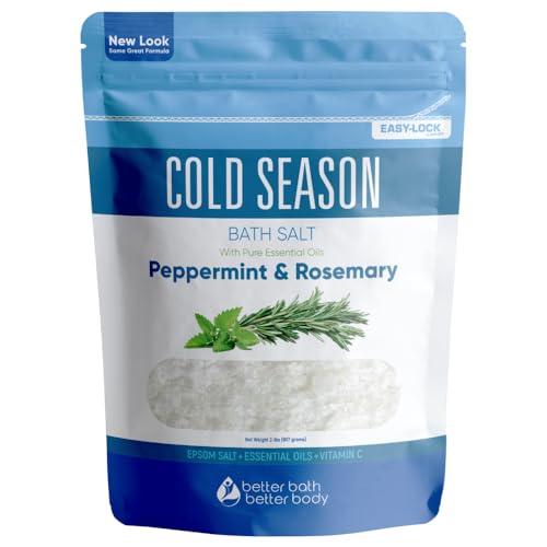 Cold Season Bath Salt 32 Ounces (2 Lbs) USP Grade Epsom Salt with Natural Rosemary and Peppermint Pure Essential Oils Plus Vitamin C in BPA Free Pouch with Easy Press Lock Seal Made in USA