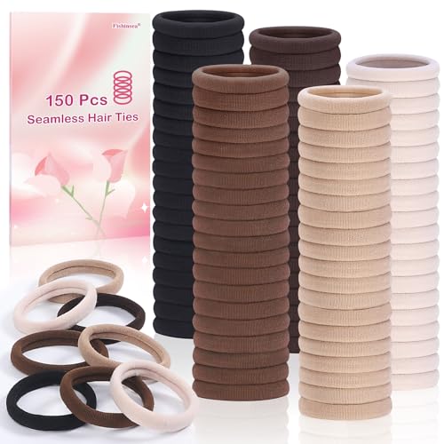 150 Pcs Seamless Elastic Hair Ties No Damage for Thick & Thin Hair, Ponytail Holders, Elastics, Soft Pony Tails Bands for Women, 5 Neutral Colors