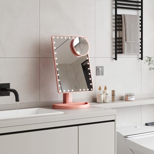 FUNTOUCH Large Lighted Vanity Makeup Mirror (X-Large Model), Light Up Mirror with 35 LED Lights, Touch Screen and 10X Magnification Mirror, 360° Rotation Tabletop Cosmetic Mirror(Rose Gold)