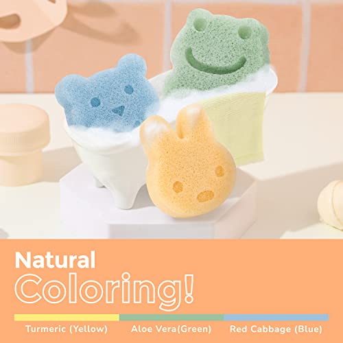 myHomeBody Konjac Baby Sponge for Bathing, Cute Shapes Natural Kids Bath loofah for Infants, Toddler, Newborns, Safe Plant-Based, 3pc. Set: Rabbit, Frog, Bear face