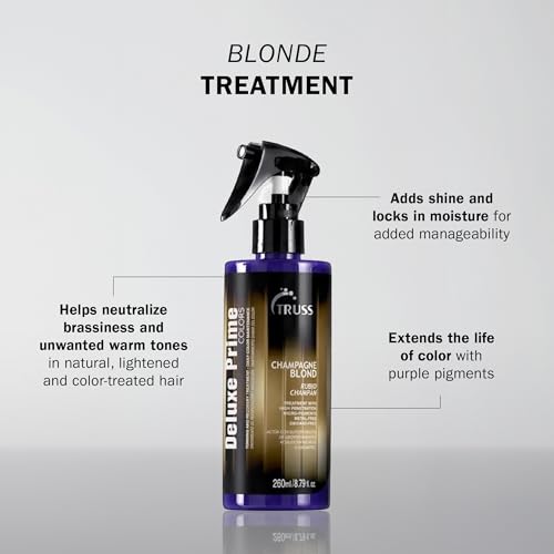 TRUSS Purple Hair Spray & Blonde Toner - Hair Lightening Spray & Reconstructor with Customizable Toning - Deluxe Prime Champagne Blonde - For Brassy, Gray, Bleached, or Blonde Locks (8.79 Oz)