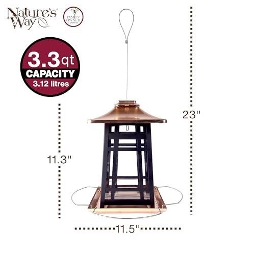 Nature's Way Outdoor Garden Décor Hanging Wild Bird Seed Feeder, Metal Copper Gazebo Feeder, Easy Fill, Rain Drainage, Black and Copper