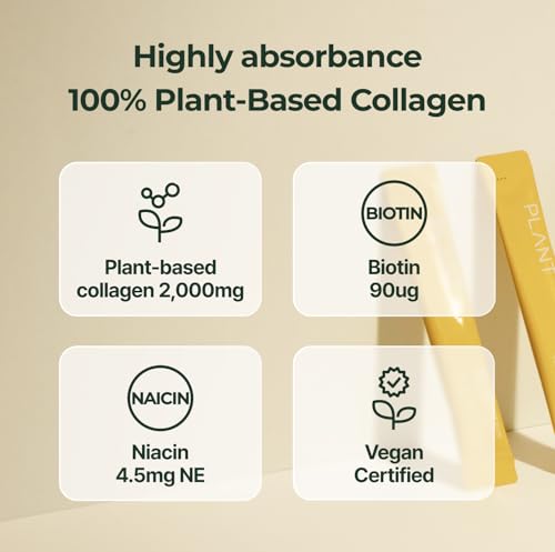PLANT Vegan Liquid Collagen + Biotin, 15 Servings, Lemon Flavor, Vegetarian Collagen Peptides for Hair, Skin, Nails, Halal, Kosher, High Absorption Collagen Liquid Stick Pack