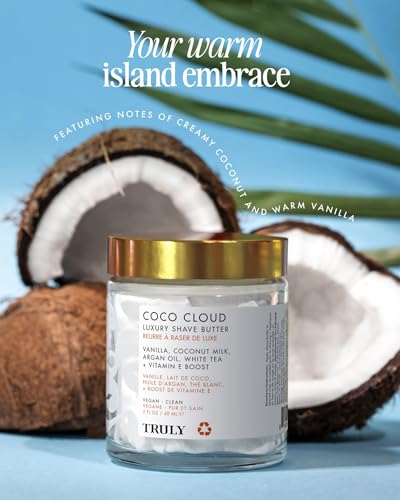 Truly Beauty Coco Cloud Shaving Cream for Women Sensitive Skin Whipped Shave Butter for Legs, Pubic Hair, Underarm, Body, Intimate Bikini Area, etc. 2 OZ