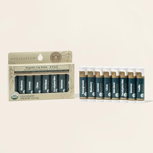 Soulsation Organic Lip Balm Set, 8 Flavors - Moisturizing for Cracked & Dry Lips, For Men & Women