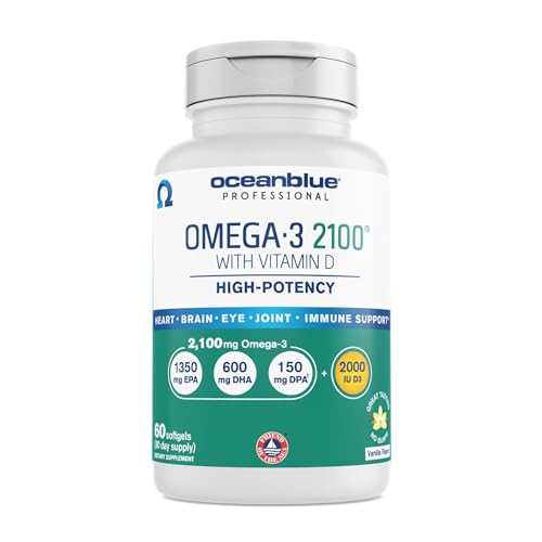 Oceanblue Professional Omega-3 2100 with Vitamin D3 – 60 ct – Triple Strength Burpless Fish Oil Supplement with High-Potency EPA, DHA, DPA and Vitamin D3 – Wild-Caught – Vanilla Flavor (30 Servings)