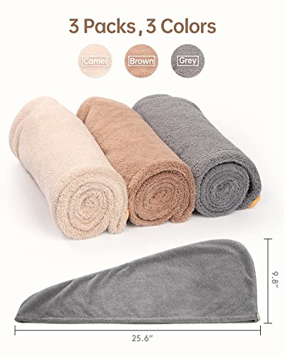 YFONG 3 Pack Hair Drying Towels, Hair Towel with Button, Super Absorbent Microfiber Hair Towel for Curly Hair, Fast Drying Hair Wraps for Women Girls, Microfiber Towel for Hair