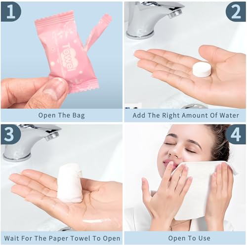 Classycoo Compressed Towel 100 PCS Mini Tablets Disposable Portable Face Towel Cotton Coin Tissue for Travel, Camping, Hiking, Sport,Beauty,Home Hand Wipes, Outdoor Activities (Rose Pink, Thick)