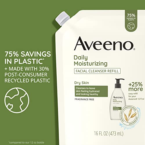 Aveeno Daily Moisturizing Facial Cleanser with Soothing Non-GMO Oat, Leaves Skin Feeling Hydrated, Soft & Supple, Paraben-, Sulfate-, Fragrance-, Dye- & Soap-Free, Refill Pouch, 16 fl. oz