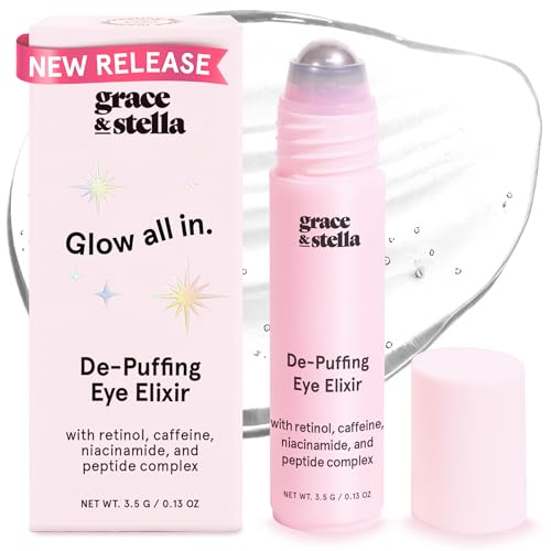 grace & stella Under Eye Brightener Roller - Retinol & Caffeine Eye Serum for Puffiness, Dark Circles, Fine Lines & Wrinkles - Hydrating & Smoothing - Vegan Cruelty-Free Skincare (15ml / 0.51 fl oz)