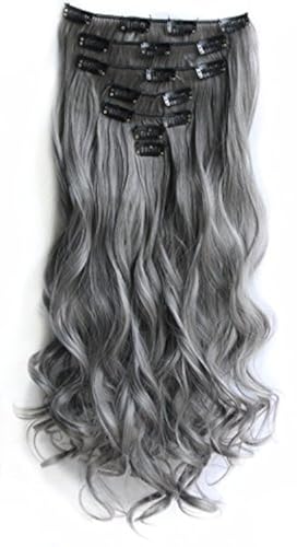 SWACC Women 20 Inches Curly Full Head 7 Separate Pieces Heat Resistance Synthetic Hair Clip in Hair Extensions (Grey)