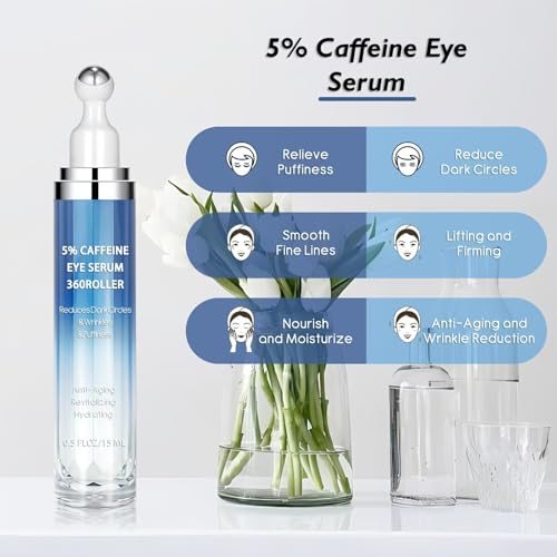 Eye Serum with 5% Caffeine & 5% Retinol – Under Eye Cream with Hyaluronic Acid, Niacinamide & Peptides for Dark Circles, Puffiness & Fine Lines – 360° Massage Roller Ball, 0.5 fl. oz