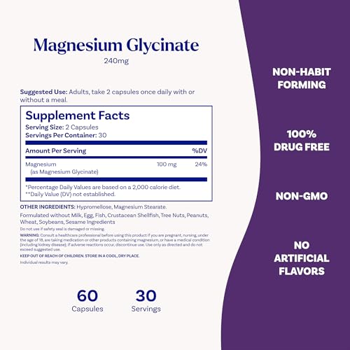Natrol Magnesium Glycinate Supplements 240 mg - High Absorption - Calm Magnesium Glycinate for Sleep - 60 Capsules, 30 Day Supply