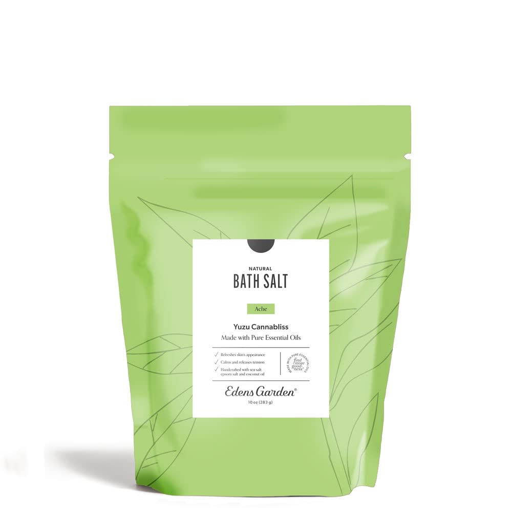 Edens Garden Ache Bath Salt Soak – Yuzu Cannabliss Blend with Pure Essential Oils, Epsom, Dead Sea Salt & Magnesium – for Men & Women, Tension Relief & Muscle Recovery After Workout, 10 oz (283 g)