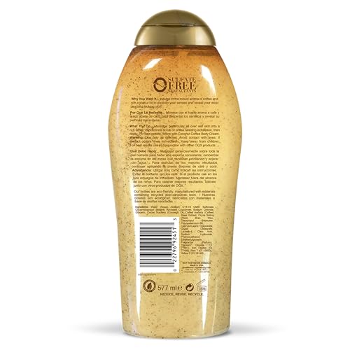 OGX Smoothing + Coconut Coffee Exfoliating Body Scrub with Arabica Coffee & Coconut Oil, Moisturizing Body Wash for Dry Skin, Paraben-Free with Sulfate-Free Surfactants, 19.5 Fl Oz, 2 Pack