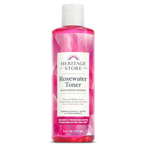 HERITAGE STORE Rosewater Facial Toner with Hyaluronic Acid, Dry to Combination Skin, Hydrating Toner Refines Pores, Minimizes Look of Fine Lines and Wrinkles, Hypoallergenic, Vegan, Cruelty Free, 8oz