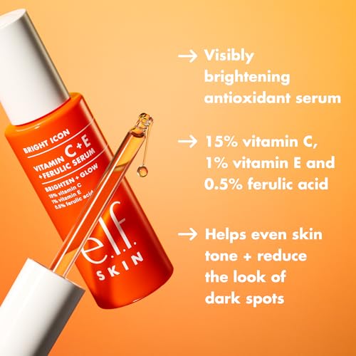 e.l.f. SKIN Bright Icon Vitamin C + E + Ferulic Serum, Brightening & Soothing Face Serum, Helps Even Skin Tone, Vegan & Cruelty-Free, 1 fl oz
