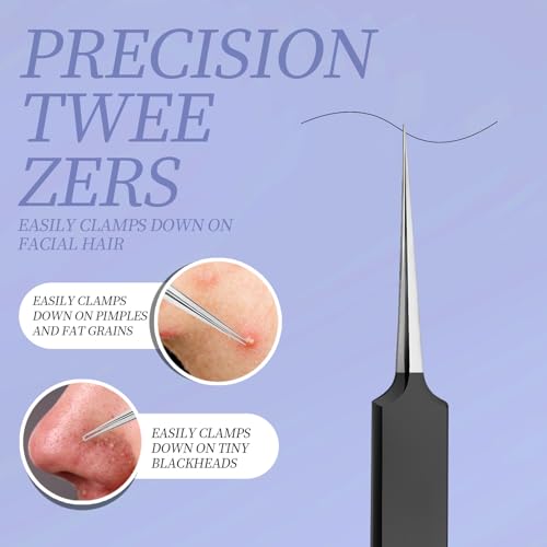 Teenitor Blackhead Remover Tools, Pimple Popper Tool Kit, Ingrown Hair Tweezers, Precision Tweezers, Surgical Grade Blackhead Extractor Pimple Extractor, Black