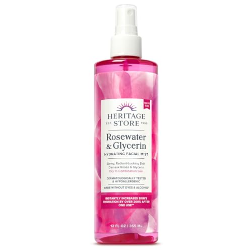 HERITAGE STORE Rosewater & Glycerin Hydrating Facial Mist - Dry Combination Skin Care - Rose Water Spray w/Vegetable Glycerine, Made Without Dyes or Alcohol, Hypoallergenic, Vegan, Cruelty Free, 12oz