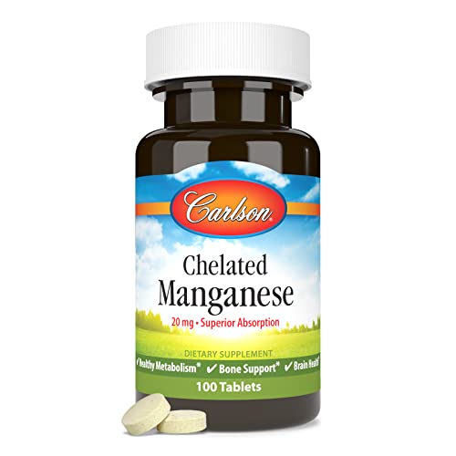 Carlson - Chelated Manganese, 20 mg, Superior Absorption, Healthy Metabolism, Bone Support & Brain Health, 100 Tablets