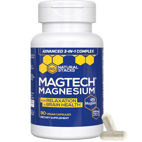 MagTech Magnesium Supplement - 3 Forms of Magnesium: Magtein L-Threonate, Glycinate & Taurate - 200mg Chelated Magnesium Complex - Supports Relaxation & Brain Health - 90 Capsules