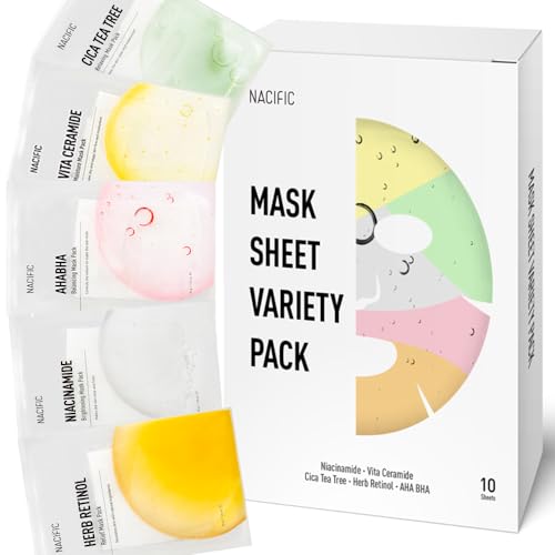 KOSBEAUTY NACIFIC Premium 10-Sheet Facial Mask Skincare Korean Variety Pack for Ultimate Skin Nourishment - Hyaluronic Acid, Ceramide, and Vitamin-Infused for All Skin Type