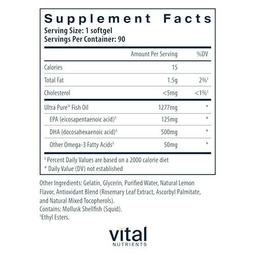 Vital Nutrients Ultra Pure® Fish Oil 675 | Supports Brain Development & Function* | Sustainably Sourced High DHA Omega-3 Fatty Acid | Lemon Flavor | Gluten, Dairy & Soy Free | 90 Softgels
